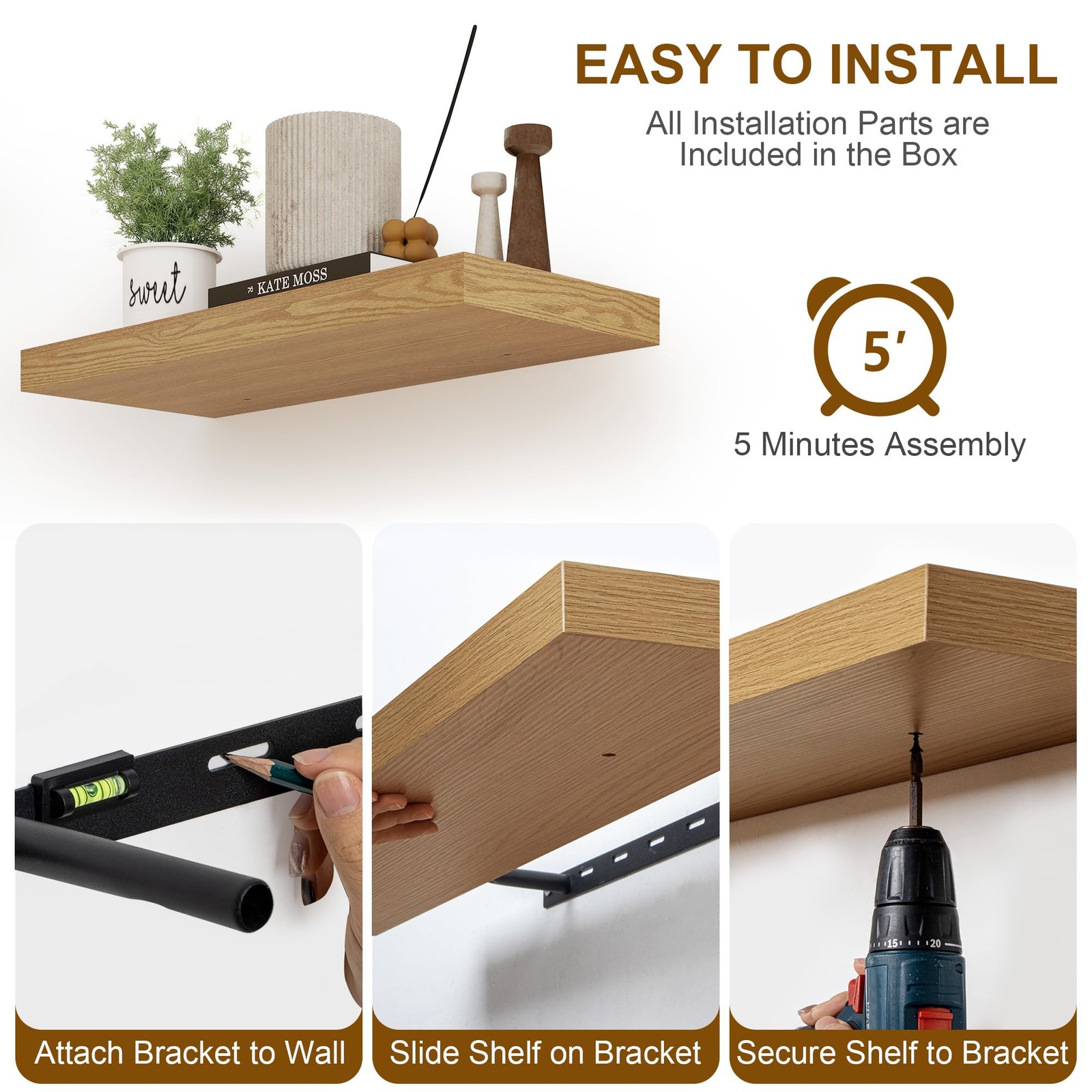 2 PCS 8×8 Inch Deep Floating Shelves Rustic Wood Wall Storage Oak Color
