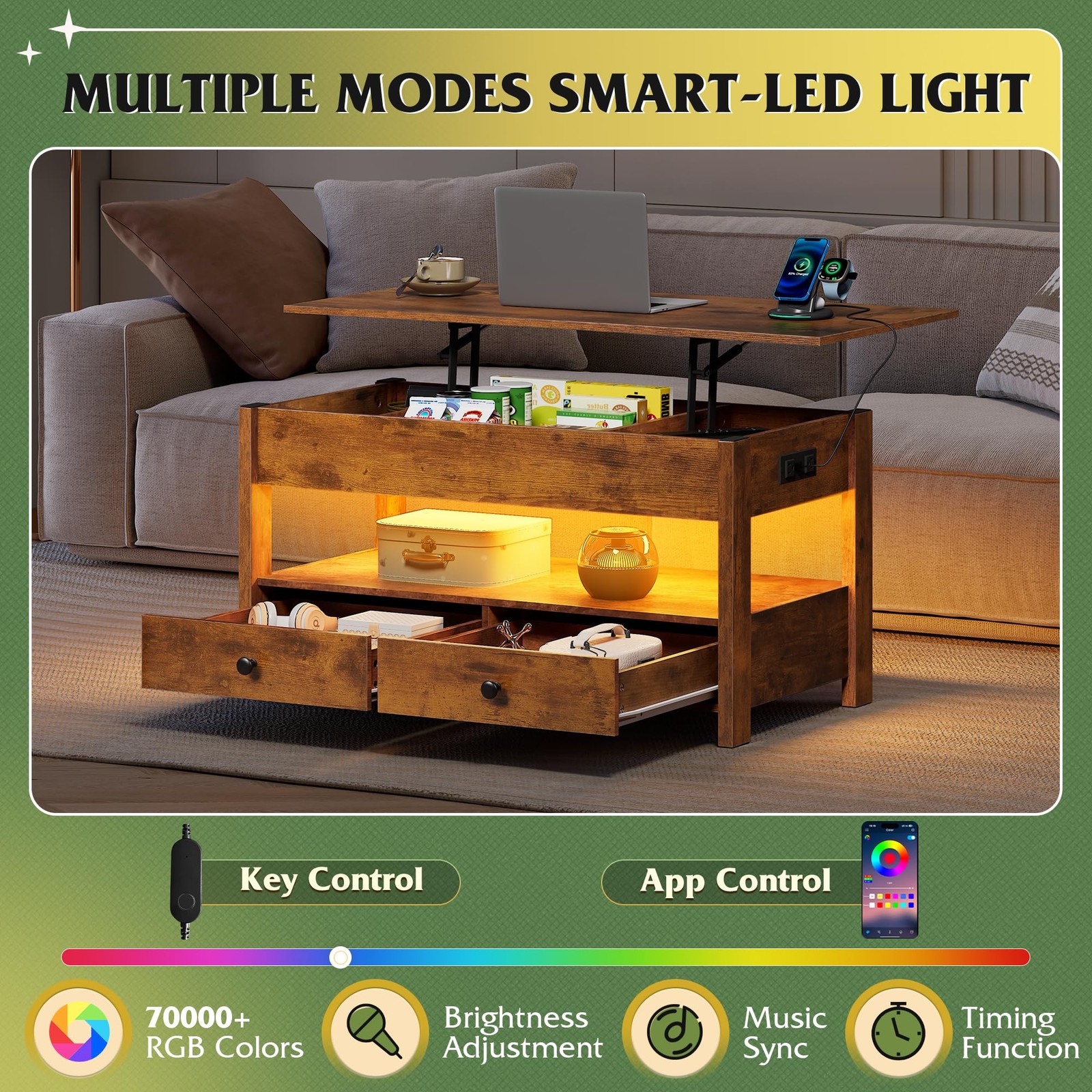 Coffee Table, Lift Top Coffee Table with 2 Drawers, LED Light, Large Storage And