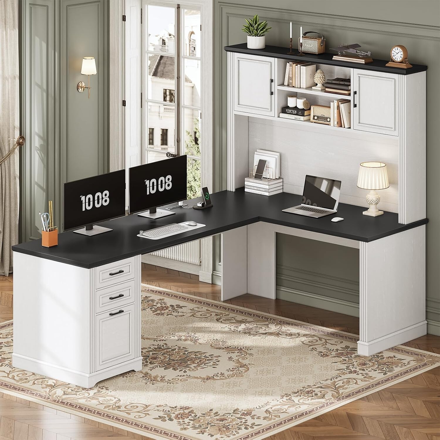 Farmhouse L Shaped Desk with Hutch and 3 Drawers, 68.9″ Executive Office Desk
