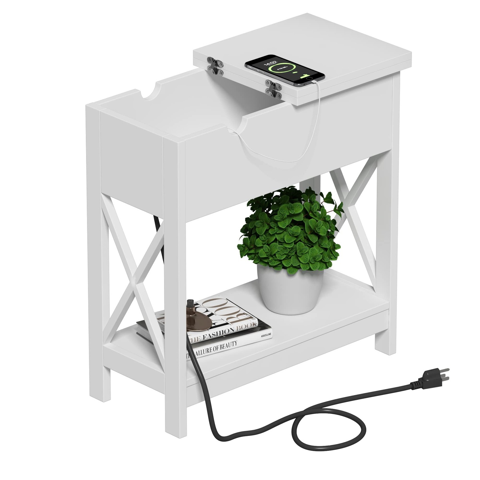 ChooChoo End Table with Charging Station, Narrow Flip Top Side 2 Pack, White