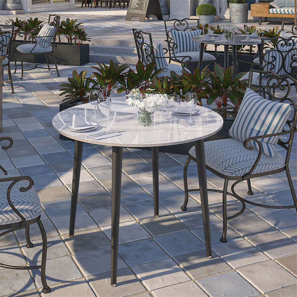 Modern White Grey Marble Kitchen Dining Table Bistro Cafe Table w/ Pedestal Base