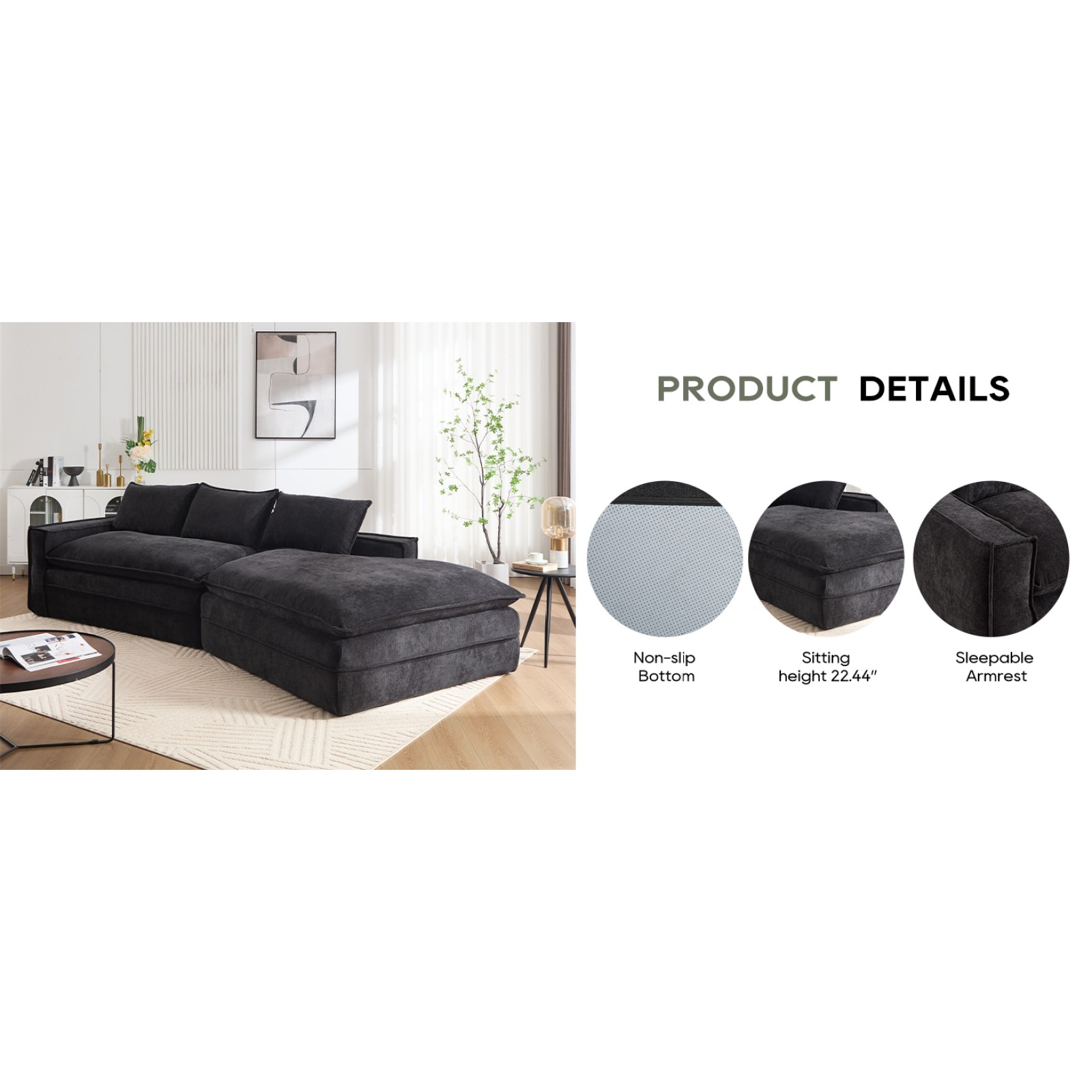 Modern Modular Sectional Sofa with Right Chaise, Black, 3 Seat