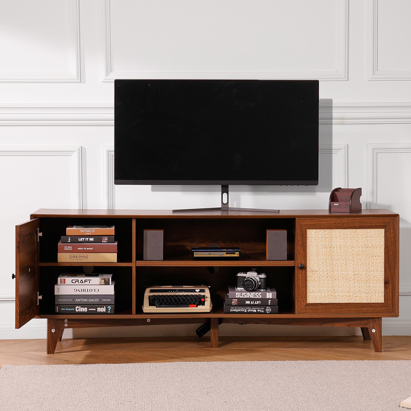 Uimoso Rattan TV Stand for 75″ TV Boho TV Stand with Build-in Socket Walnut