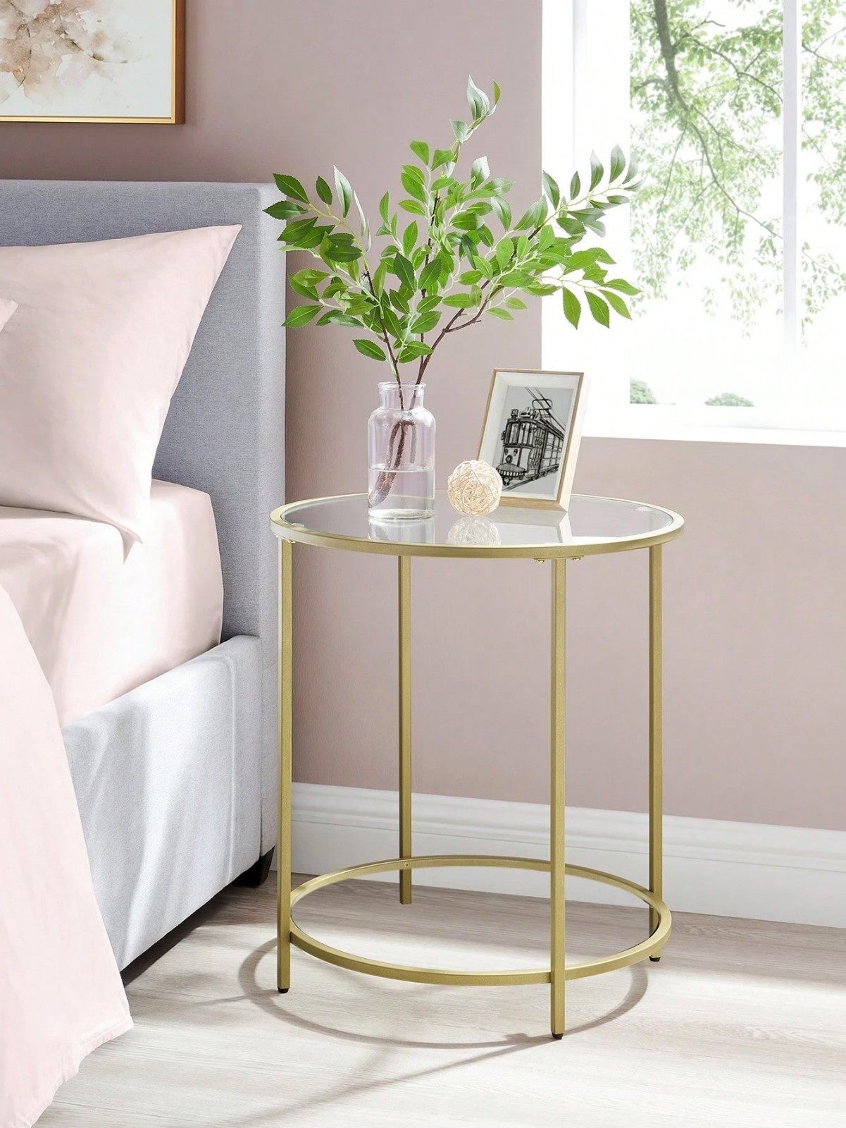 Round Glass Side Table Gold Metal Frame End Table Modern Coffee Table