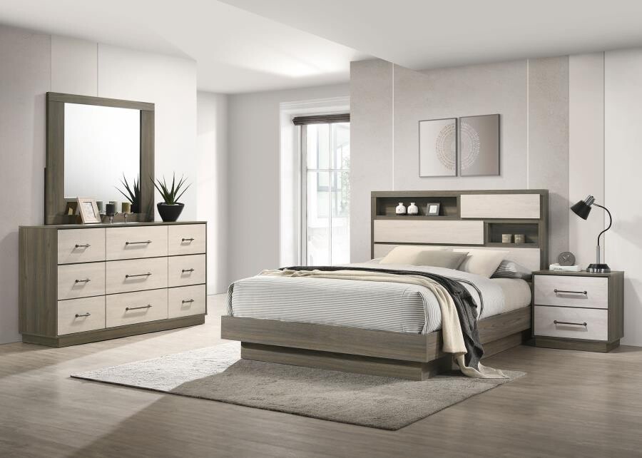 4 PC RUSTIC GREY OAK BOOKCASE HEADBOARD QUEEN BED DRESSER BEDROOM FURNITURE SET