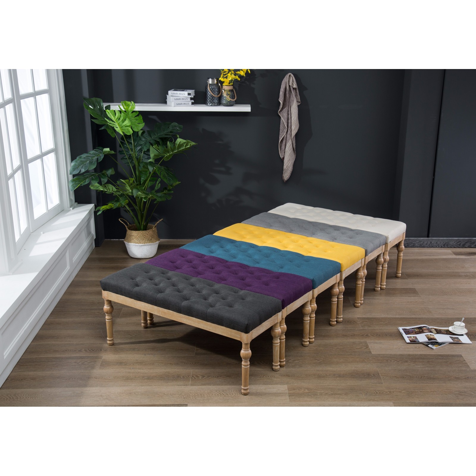 Solid Wood Button Tufted Dining Bench, Gray, 48″W x 16″D x 19.5″H