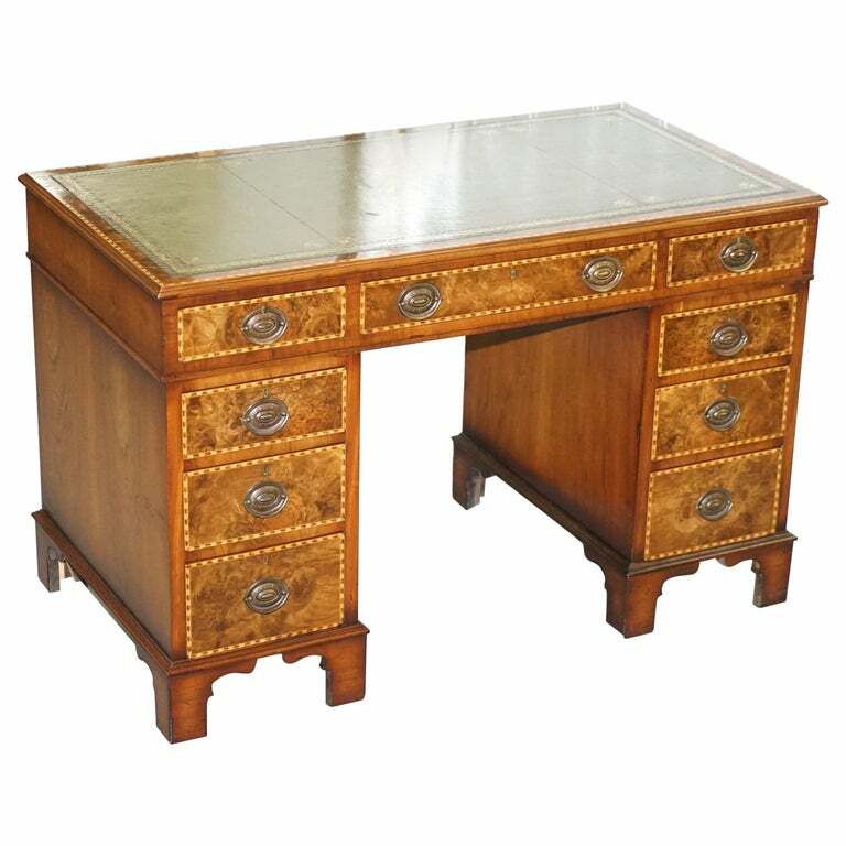 RARE VICTORIAN BURR OAK & WALNUT MERRYWEATHER LONDON 1885 STAMPED DESK, LEATHER