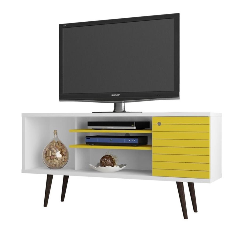 Manhattan Comfort Liberty Wood TV Stand for TVs up to 50″ in White/Yellow