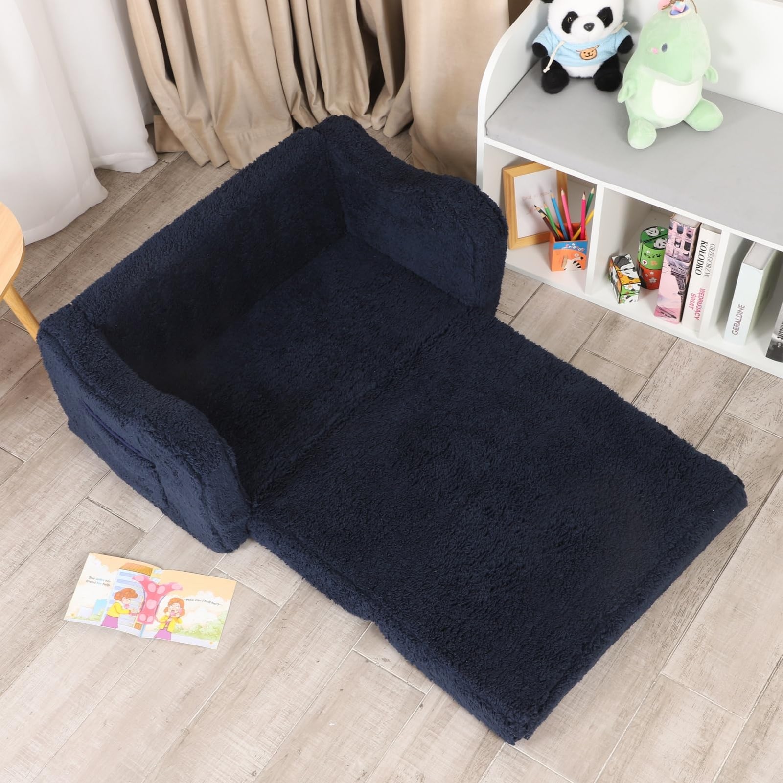 Momcaywex Kids Sofa 2-In-1 Flip-Out Foam Couch Soft Sherpa Cover Cozy Play
