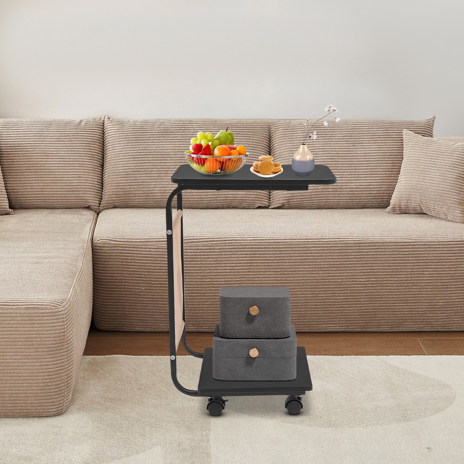 Floorstanding 2-Tier C-shaped Side Table For Sofa And Bed, C-shaped Coffee Table
