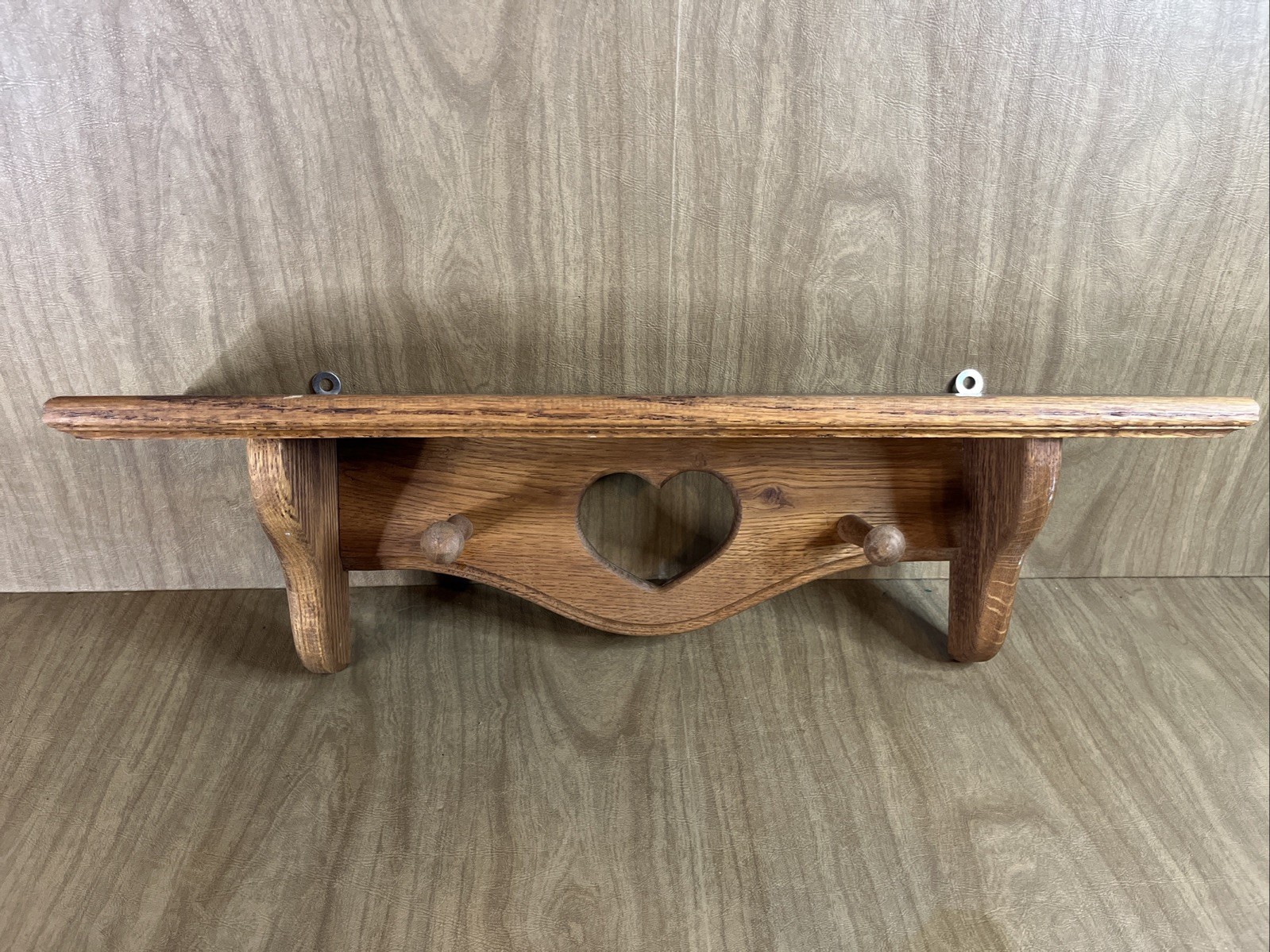 Vtg Wood Wall Shelf Display Heart Pegs Knick Knack Rustic Farmhouse Country 22”