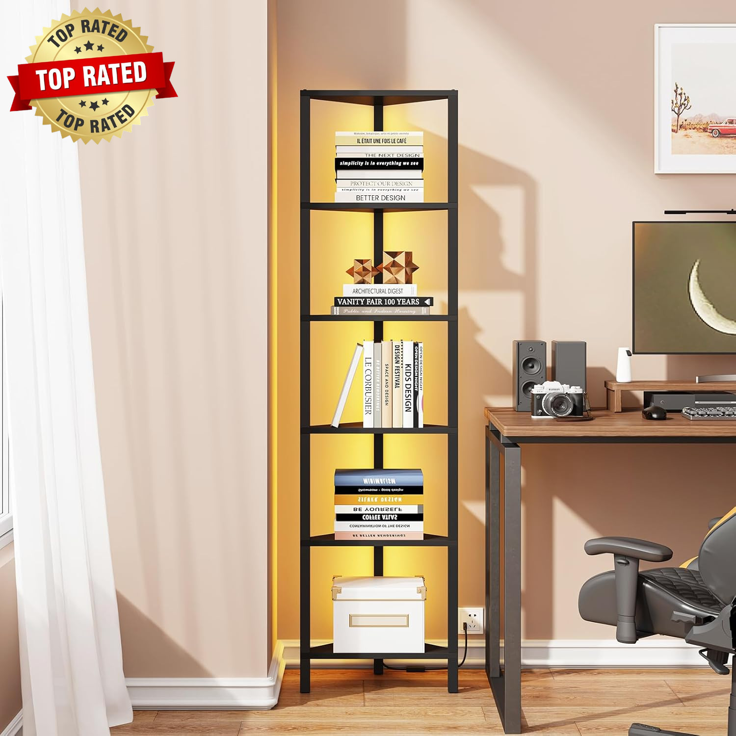 Corner Shelf with LED Light, 6-Tier Corner Bookshelf for Small Space, Narrow Dis