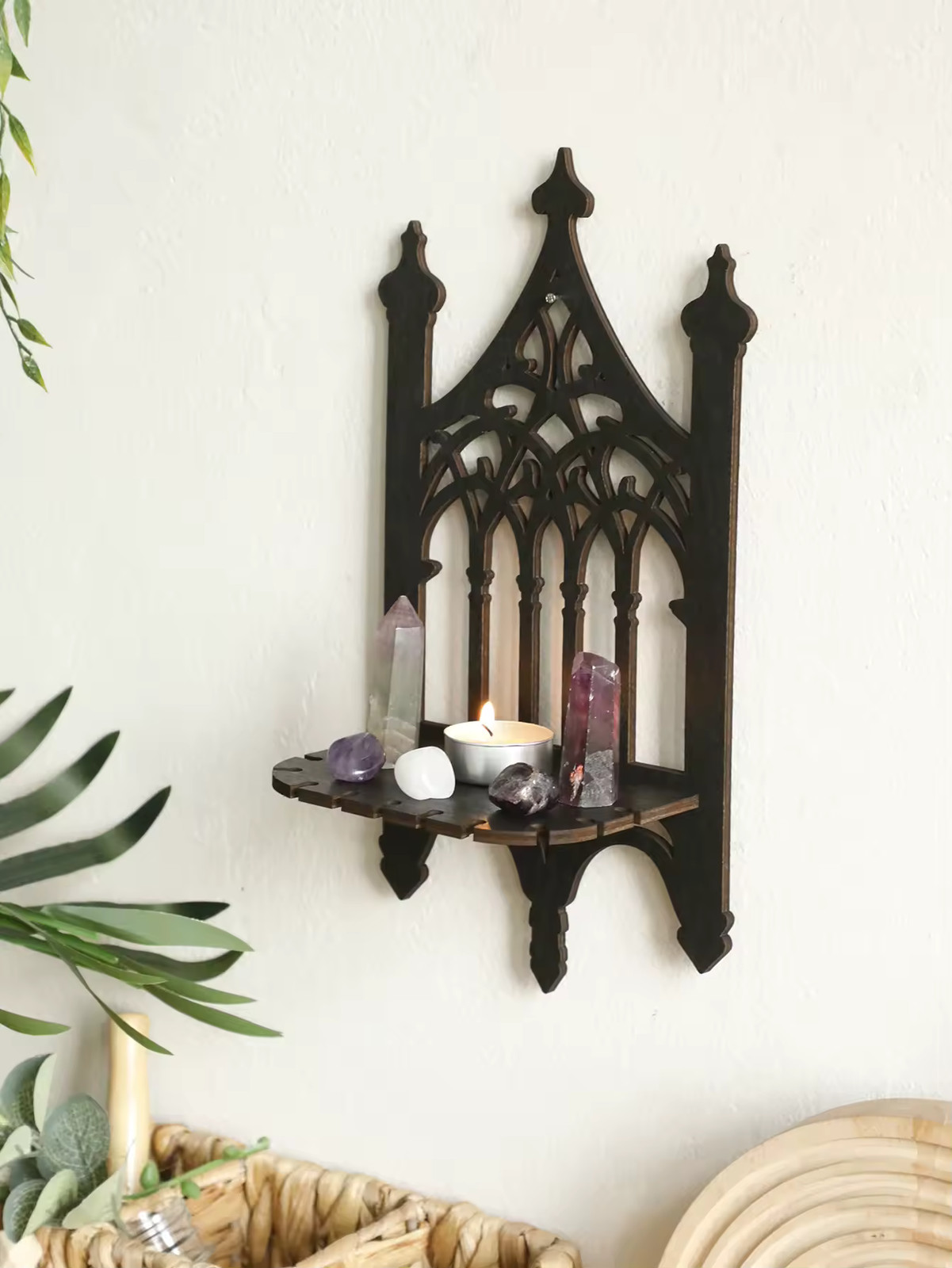 Black Gothic Wooden Floating Shelf Vintage Fence Crystal Holder Wall Decor
