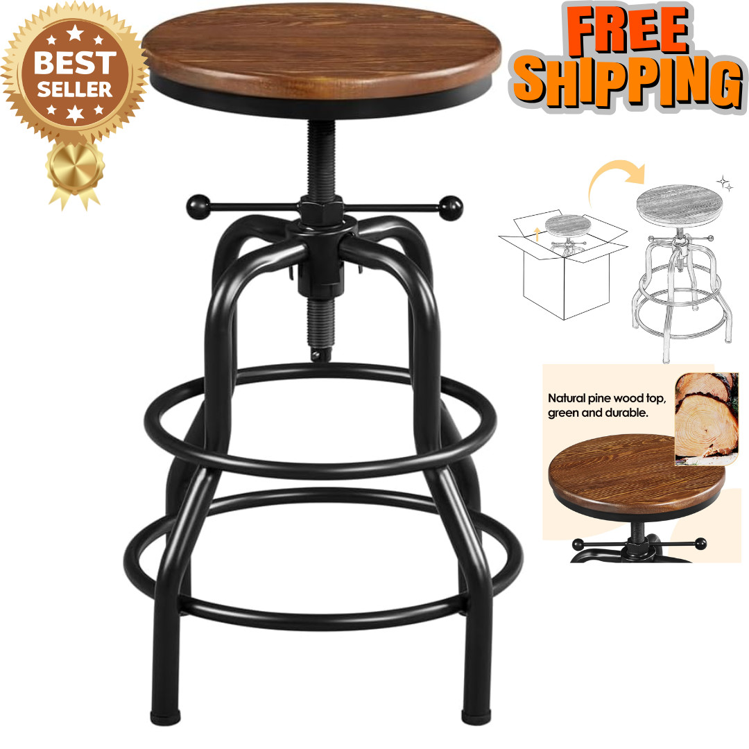 Industrial Adjustable Bar Stool Round Wood Seat Counter Height Brown