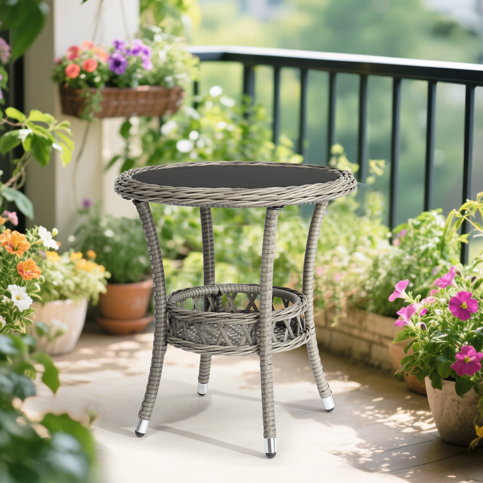 Gray Rattan Double Layers 20″ In/Outdoor Round Side Table Black Glass