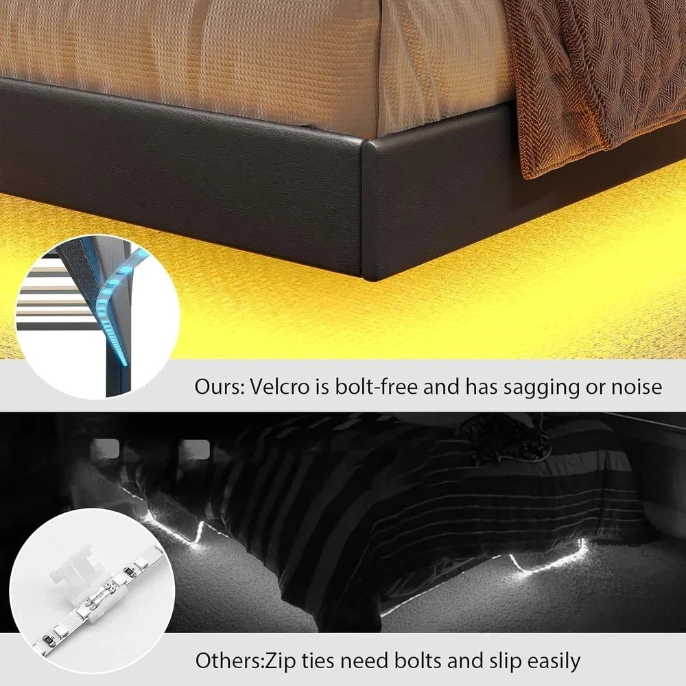 California King Bed Frames, Floating Bed with Storage Headboard & LED Lights