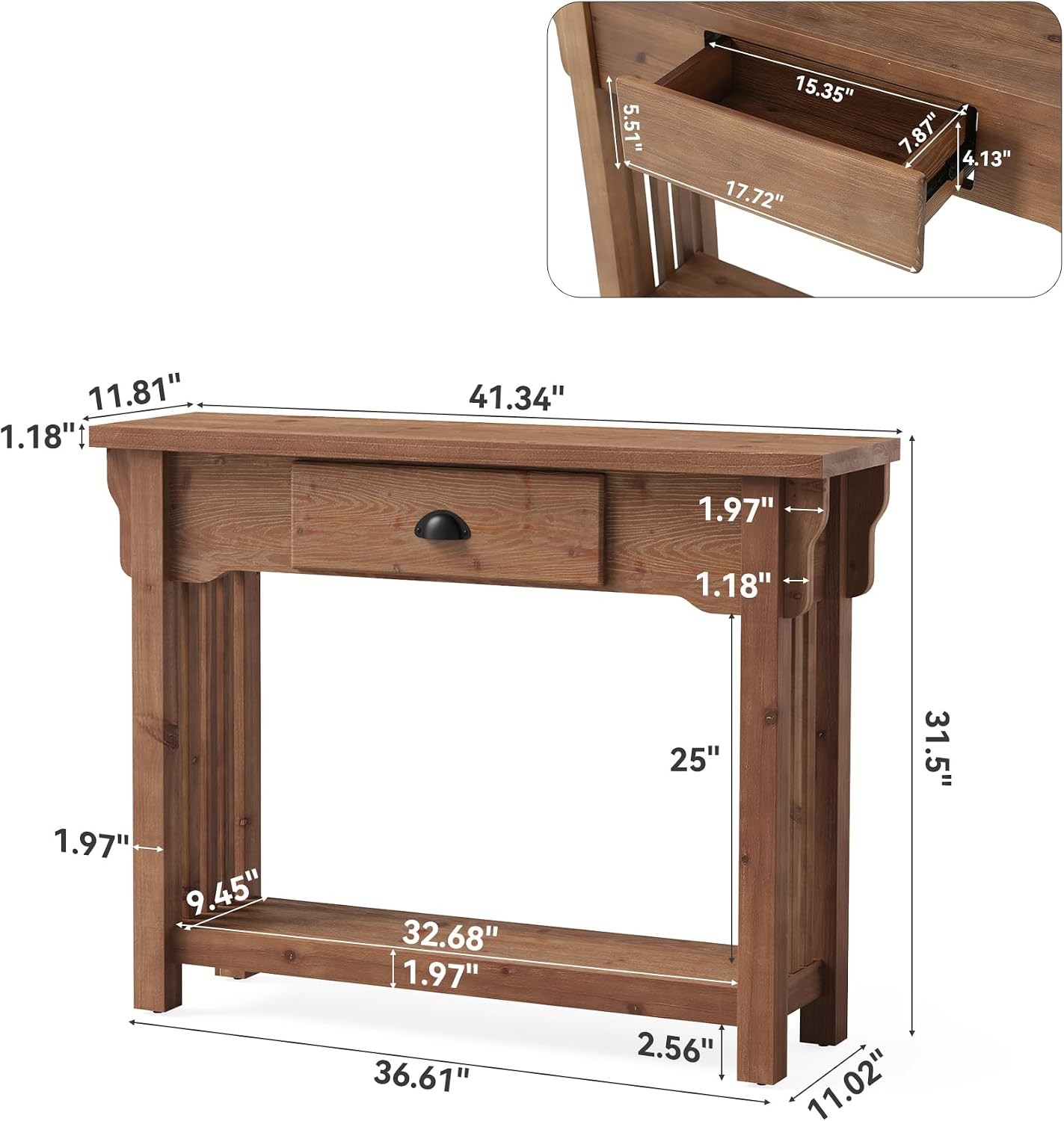 41.3″ Solid Wood Console Table with Drawer and Shelf, Narrow Entryway Sofa Table