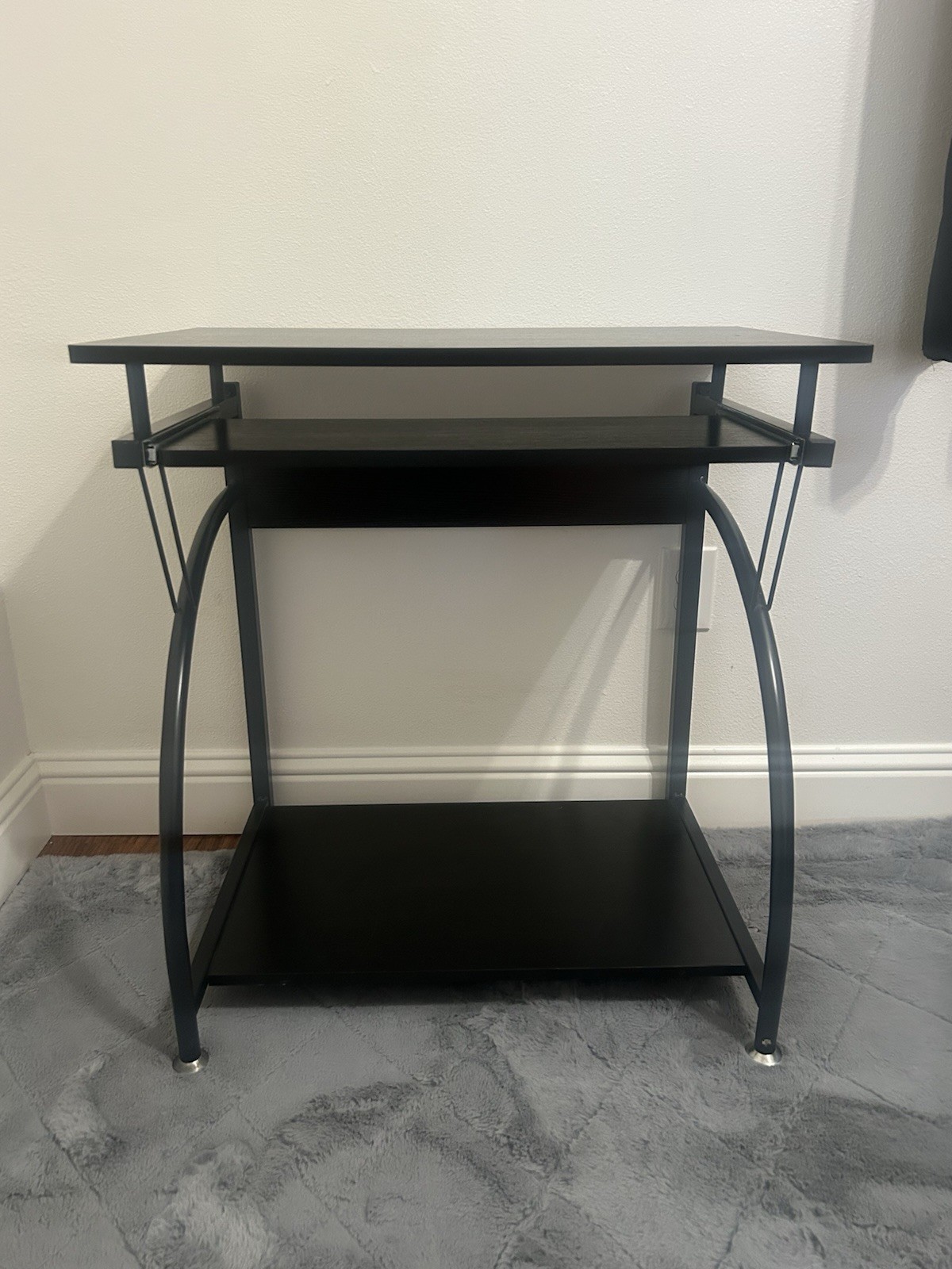 Black Metal & Wood Composite Computer Desk with Keyboard Shelf and Shelves