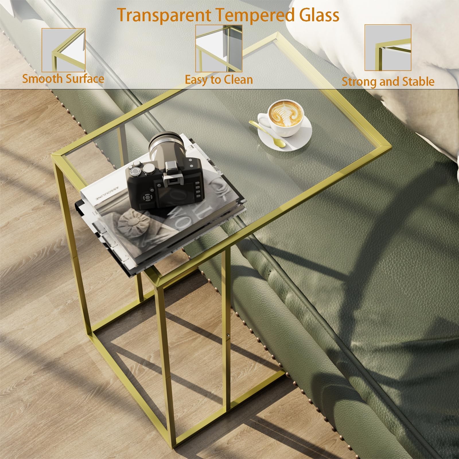 C-Shaped End Table, Side Table for Couch,Sofa Snack Table with Tempered Glass &