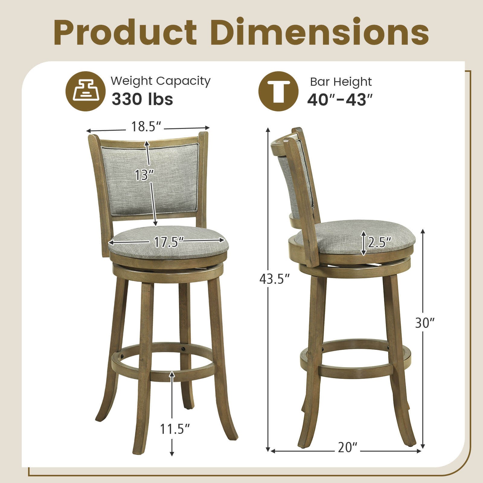 30″Swivel Bar Stools Set of 2, w/Backrests and Wood Frame,Upholstered Bar Chairs
