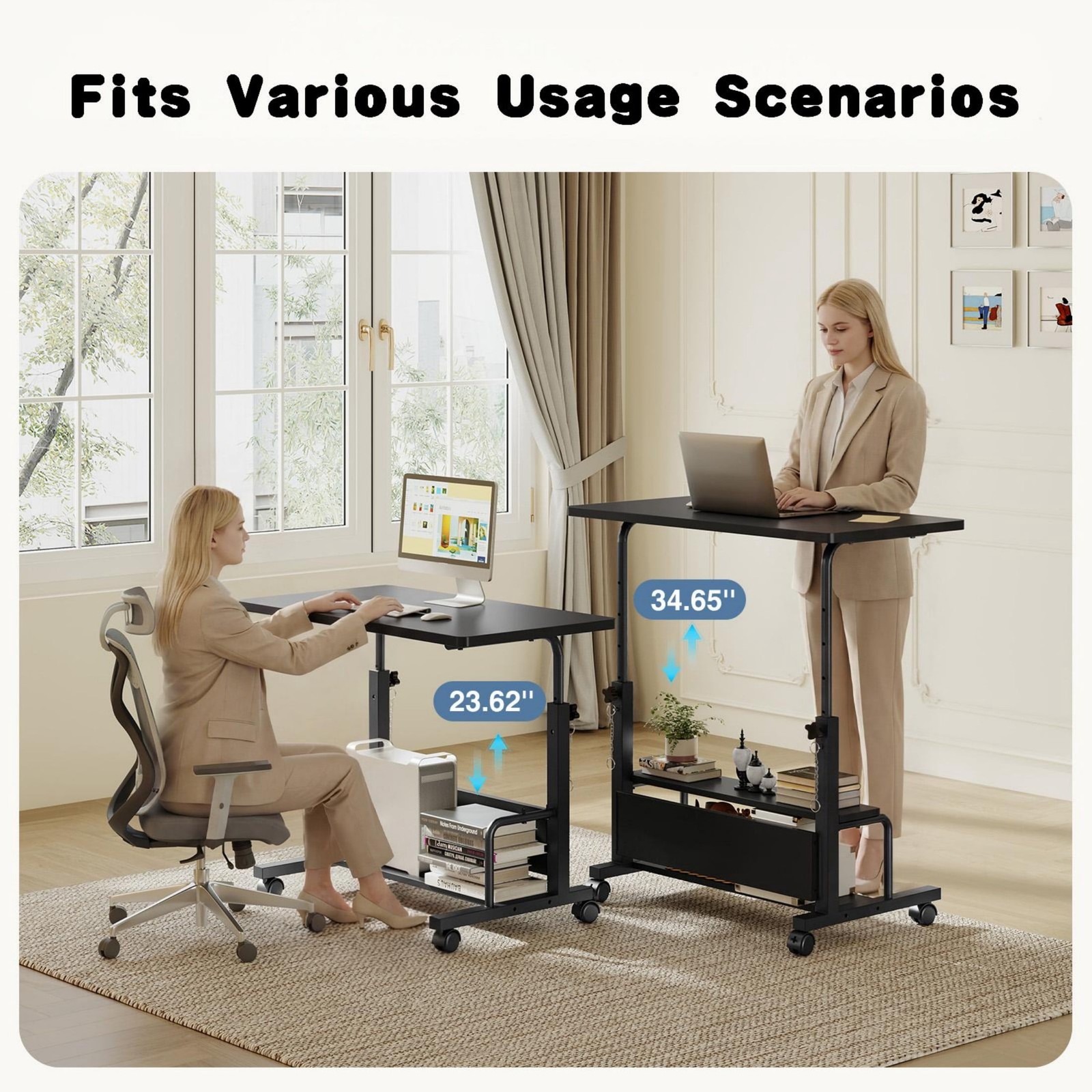 31.5” Adjustable Height Rolling Computer Desk with Storage Shelves,