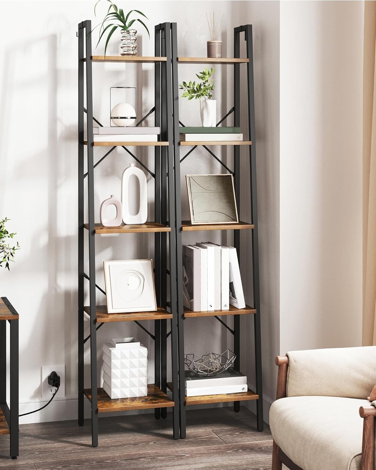 BC03201B Rustic Brown Industrial Ladder Shelf 63×13.4×11.8 Inch Bookshelf