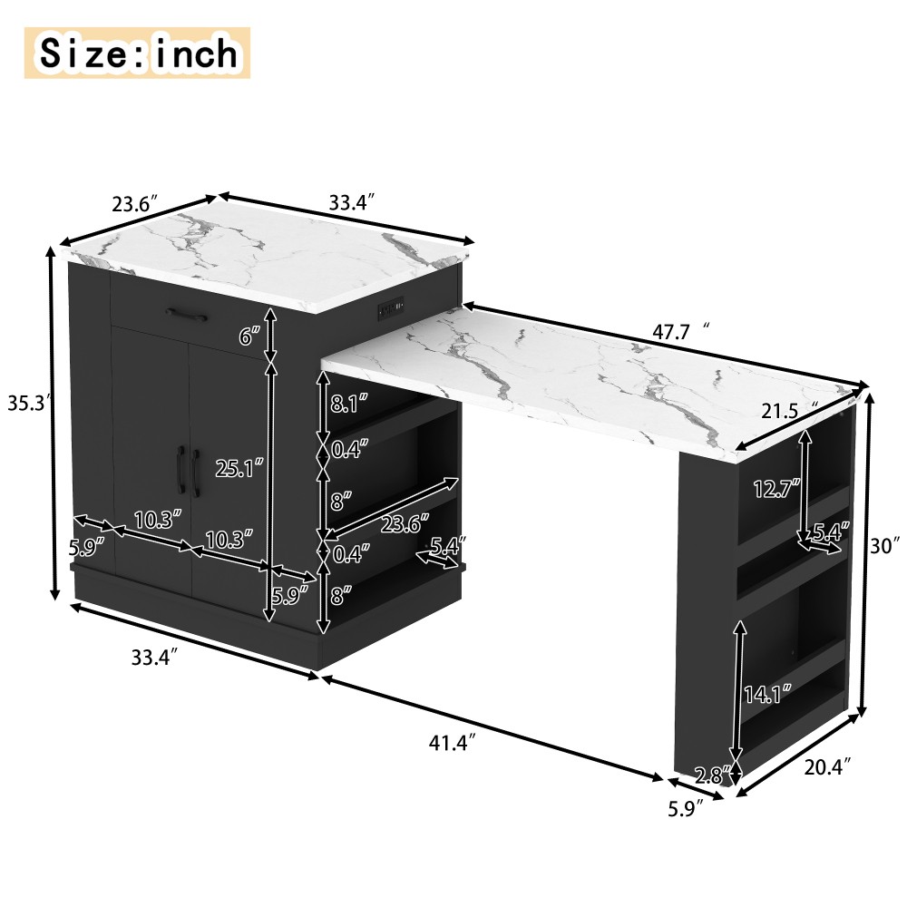 Extendable island console with drawers double door cabinet and open shelving
