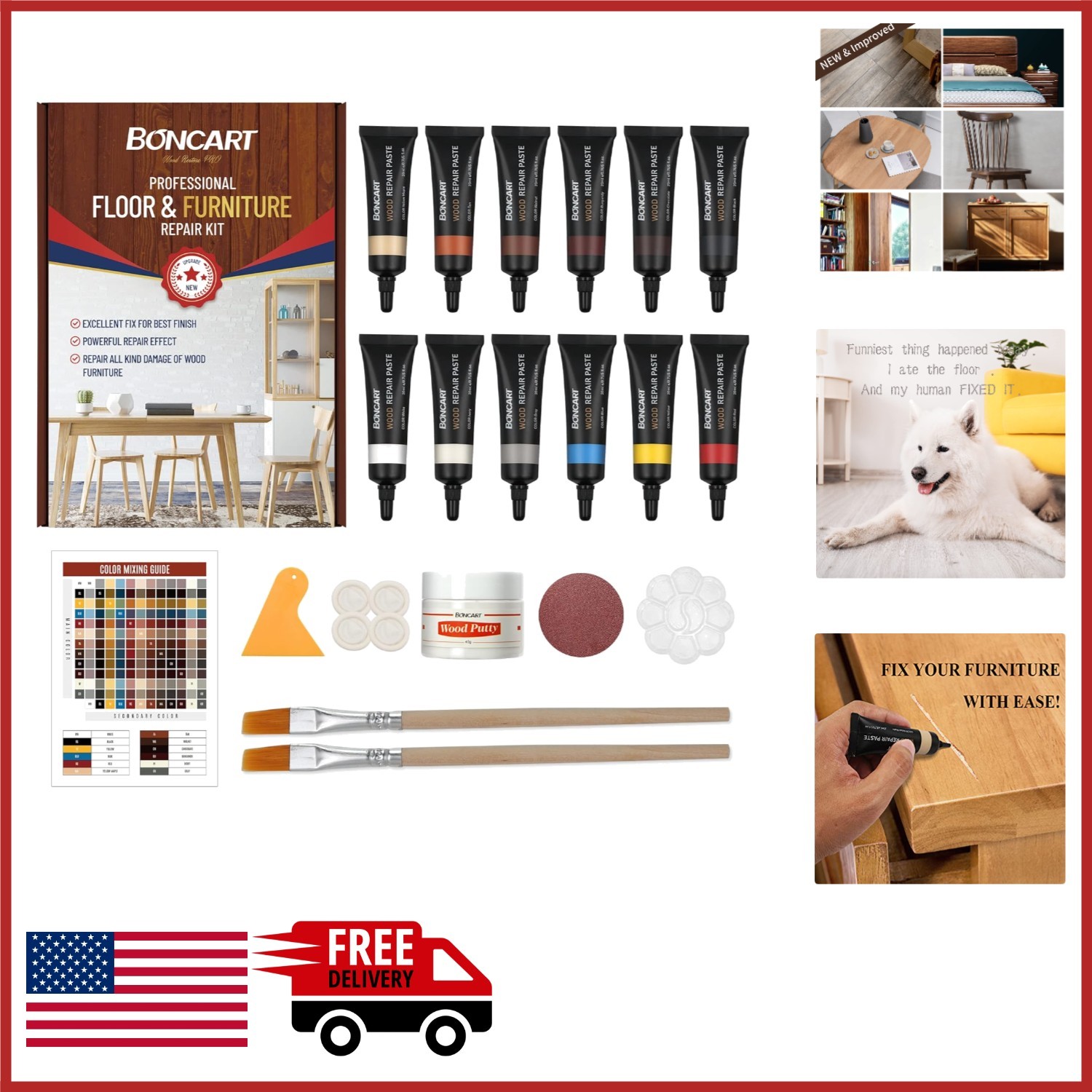 Complete Wood Repair Kit with Paste, Scraper, Brushes, and Color Mixing Guide