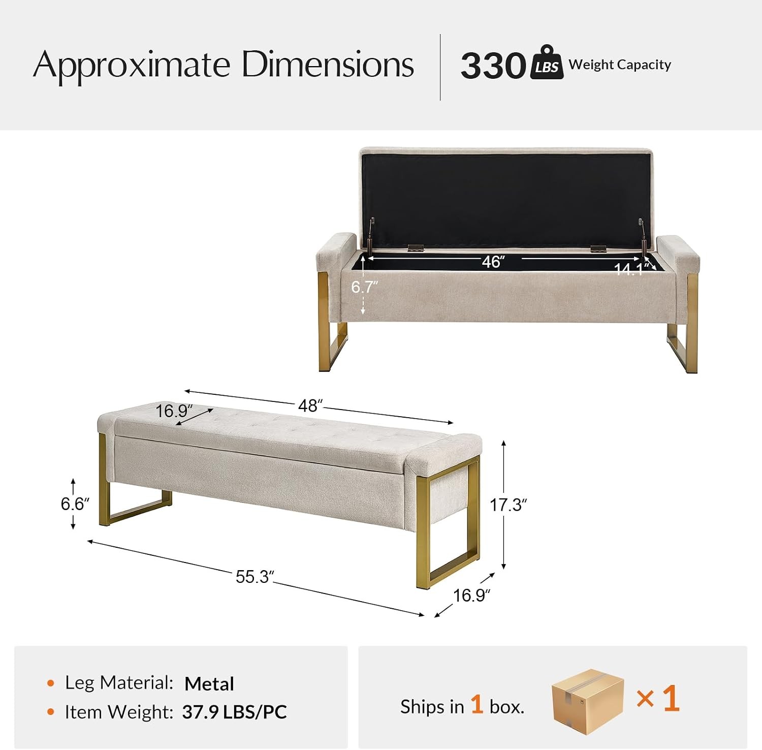 Modern Storage Ottoman Bench W/ Gold Metal Legs Upholstered Footrest End-of-Bed