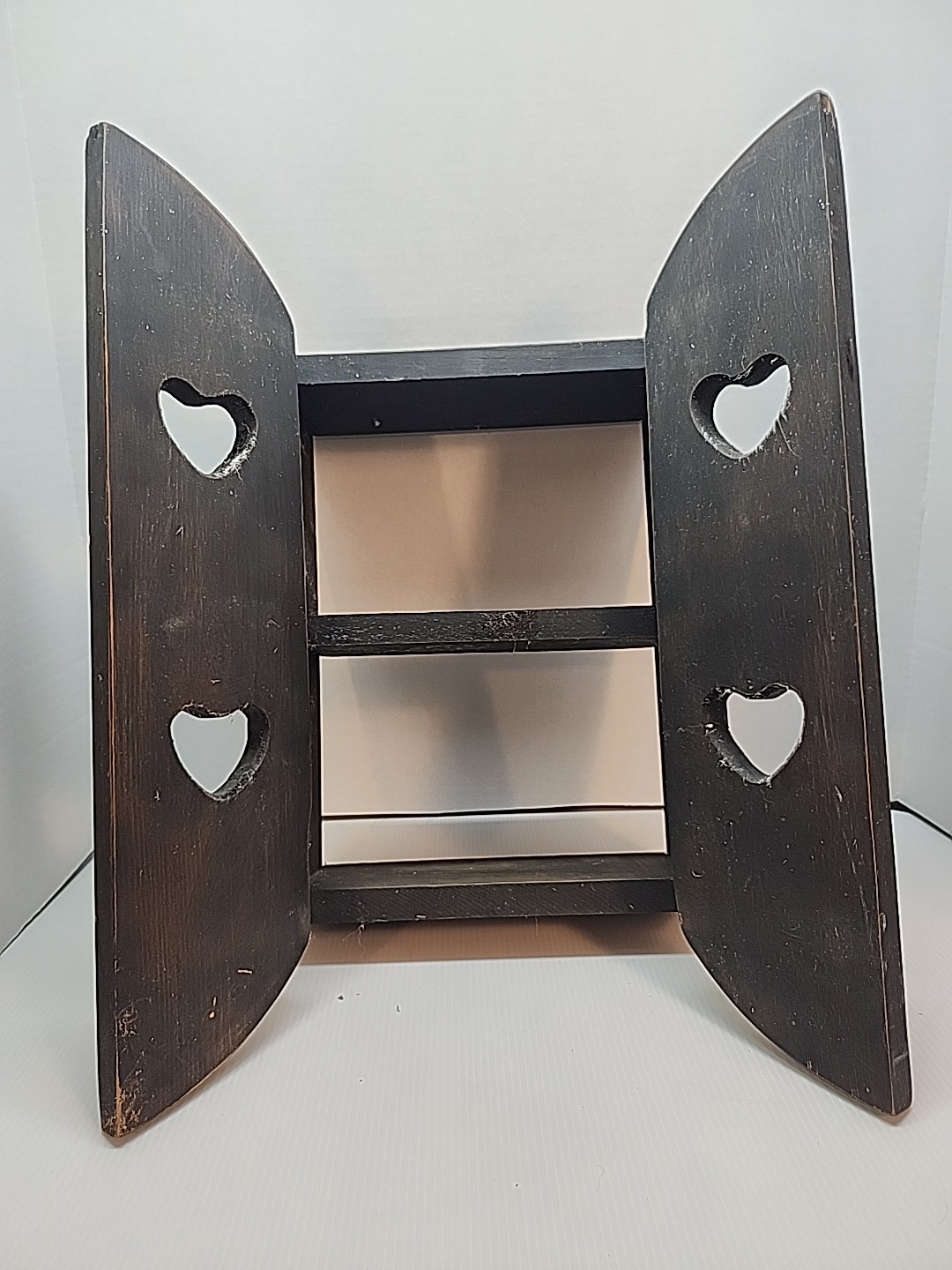 Vintage 19″ Wooden Heart Cutout Shelf Doors Cubbies Country Cottage -Black Paint