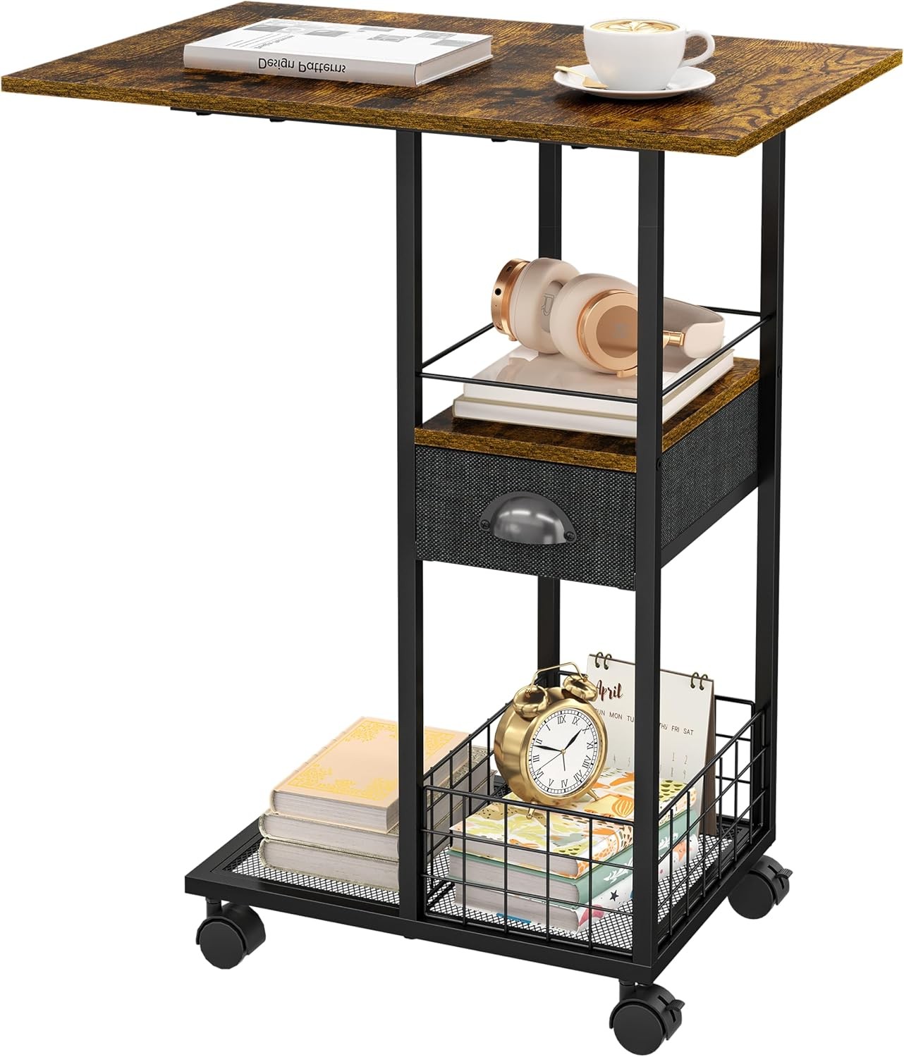 Rolling C-Shaped Side Table with Wheels and Oversized Wood Top, Mobile