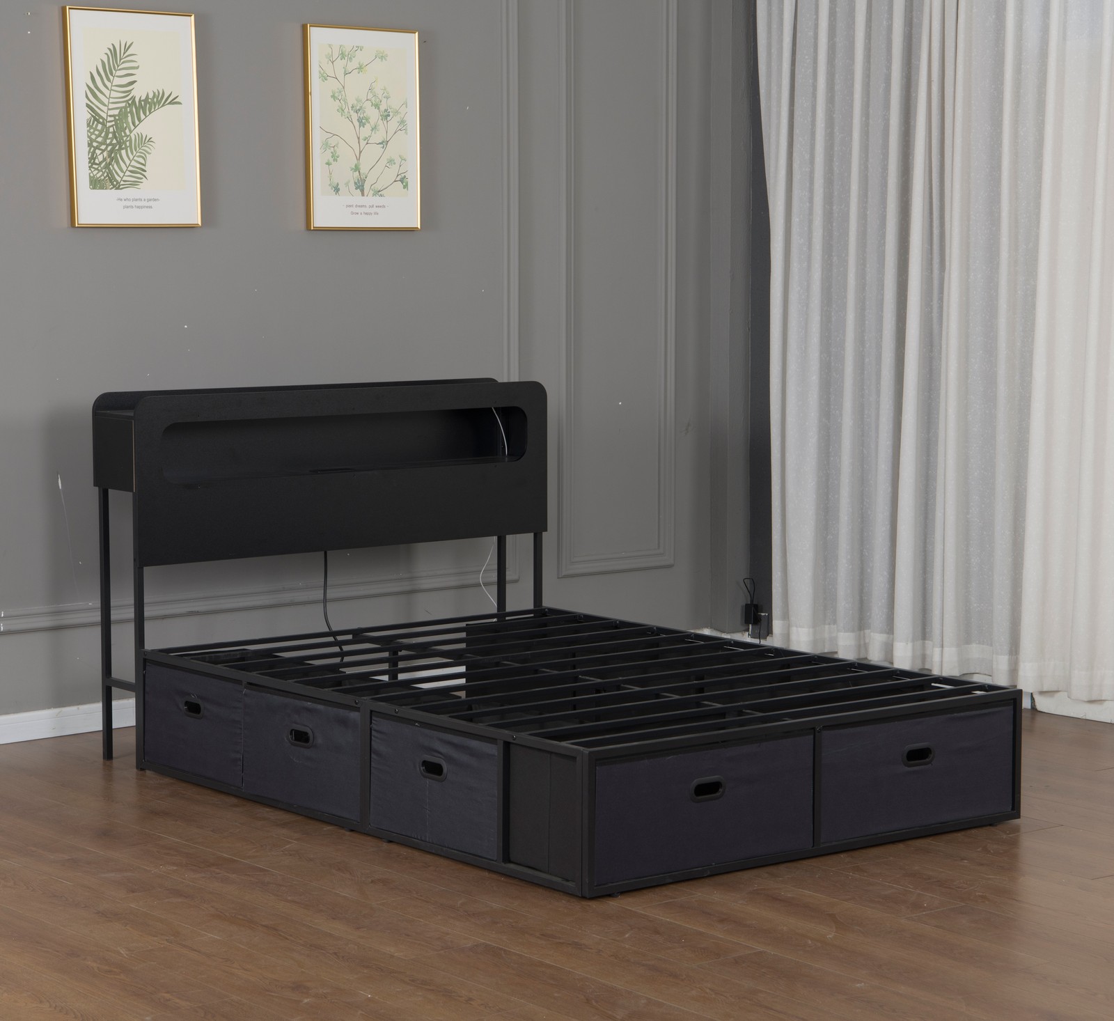 Full Size Bed Frame with LED Headboard, Charging Station & 8 Storage Drawers