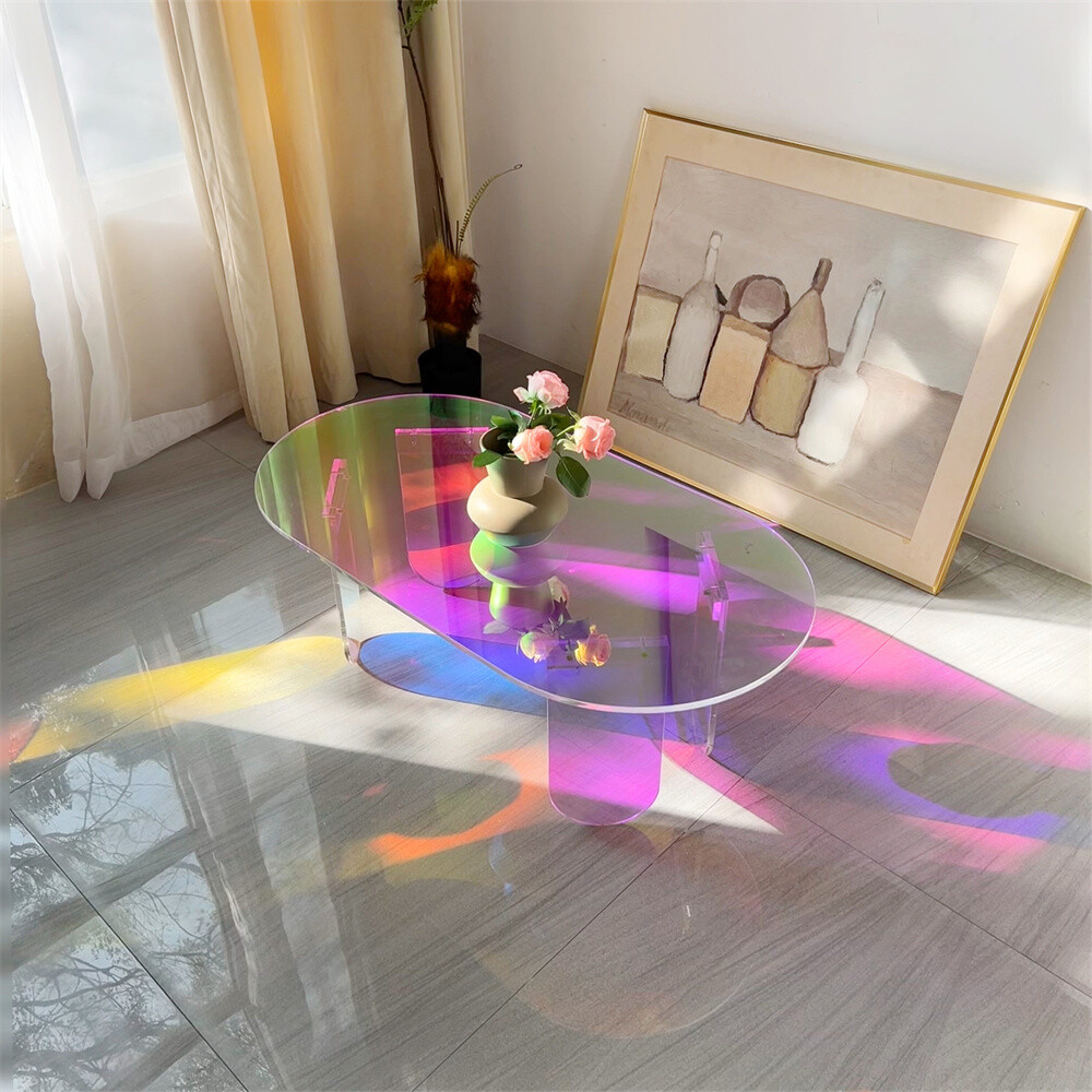 Clear Iridescent Side Table Oval Lucite Coffee Tables for Home Office Reception