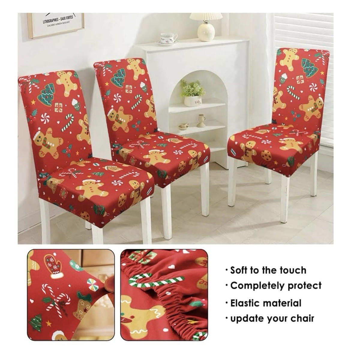 Gingerbread Men Stretchable Chair Covers for Dining Room Set of 4 Christmas Deco