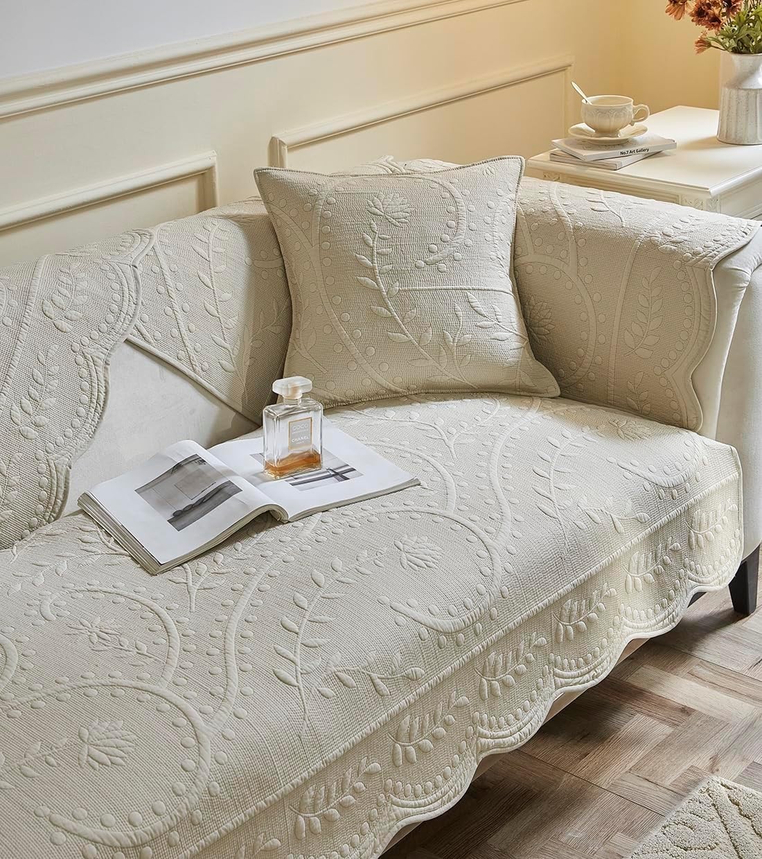 Cotton Quilted Couch Cover Floral Leaves Embroidery Sofa Cover Non Slip Sofa