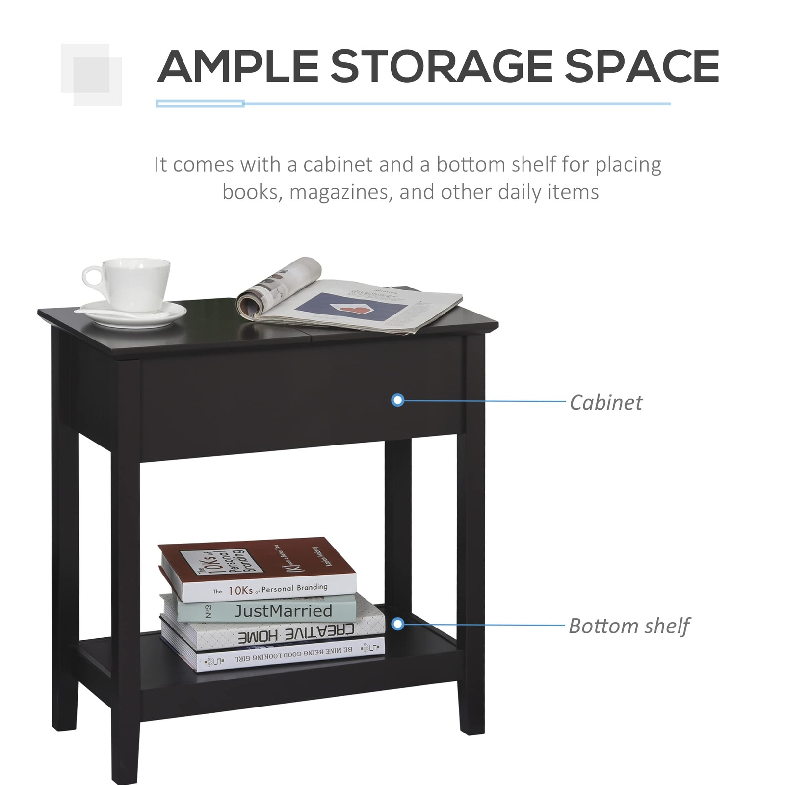 HOMCOM End Table, Narrow Side Table with Flip Top, Storage Cabinet, Bottom New