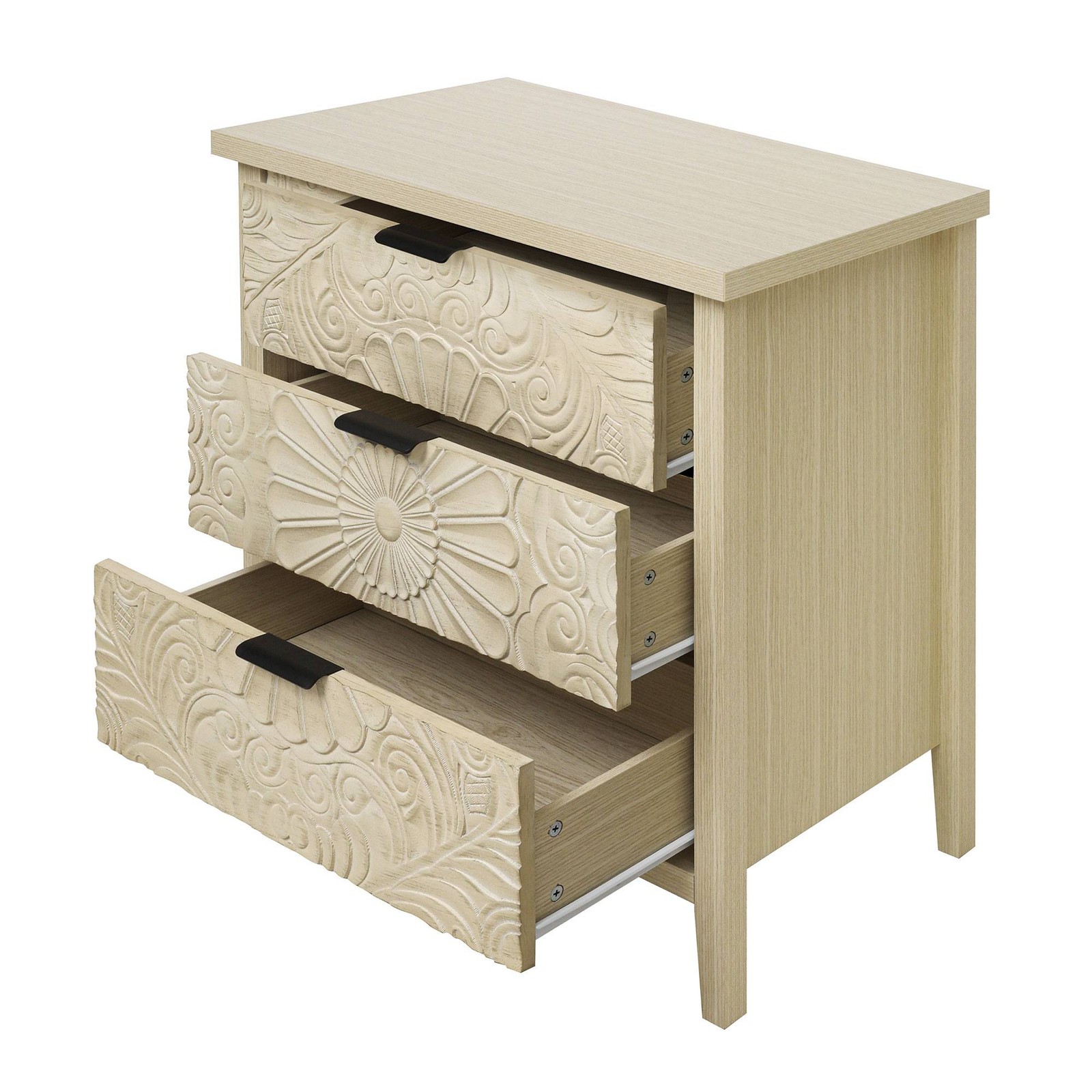 Boho Embossed Floral 3-Drawer Nightstand Bedroom Storage Chest Side Cabinet