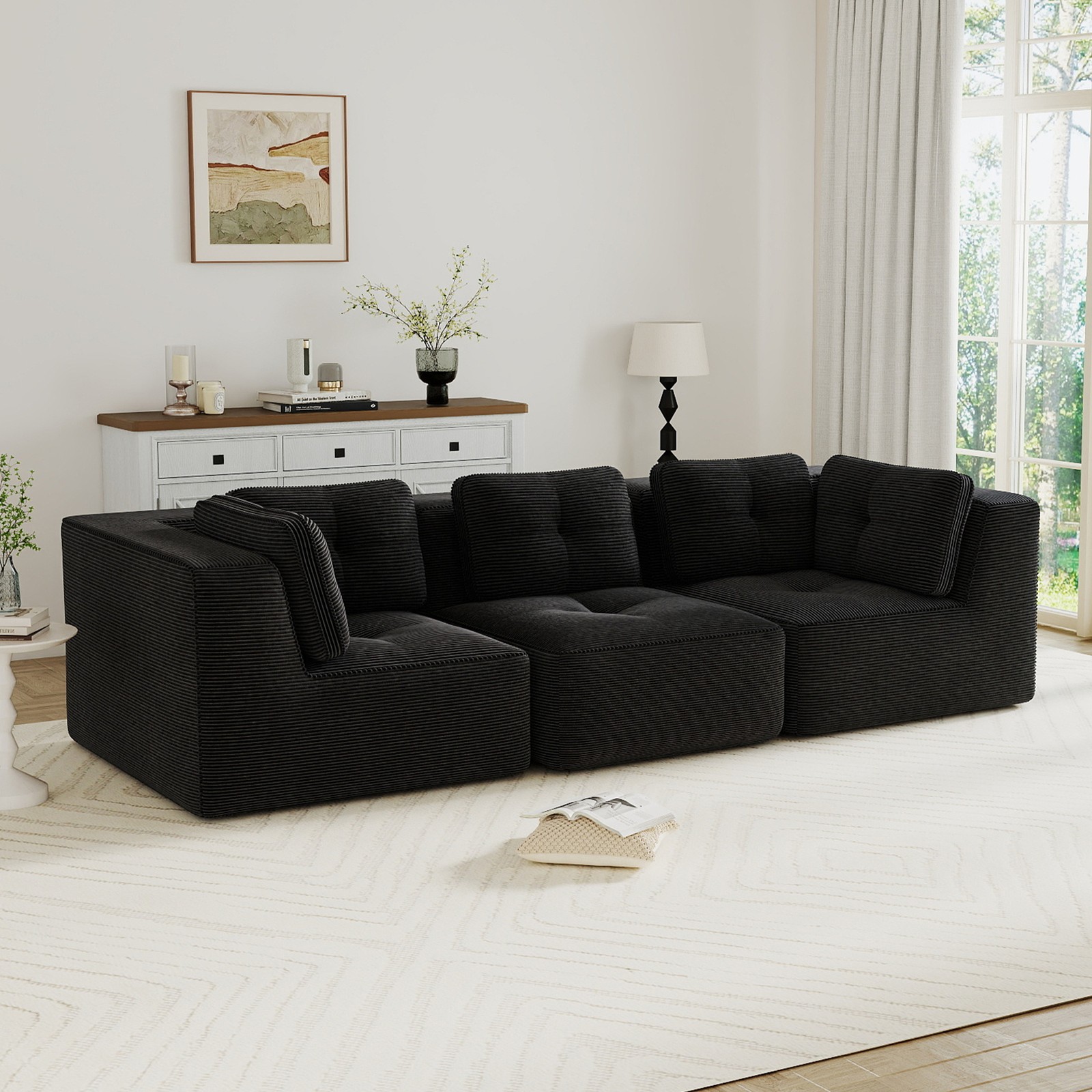 Modern Modular Sectional Sofa Black Corduroy Fabric Living Room Oversized Couch