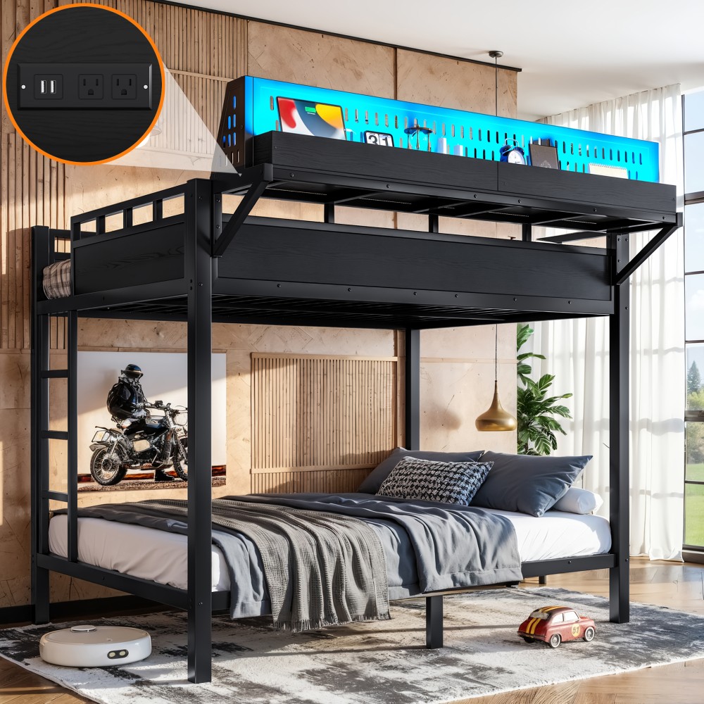 Full over Full Size Metal Bunk Bed with Storage Shelves and Pegboard