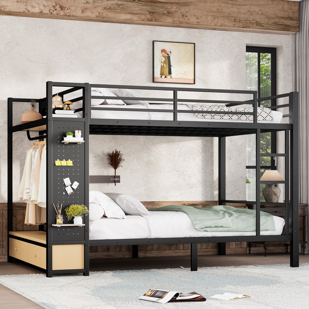 Full over Full/Queen over Queen Size Bed Frame Metal Bunk Bed w/Storage Shelves