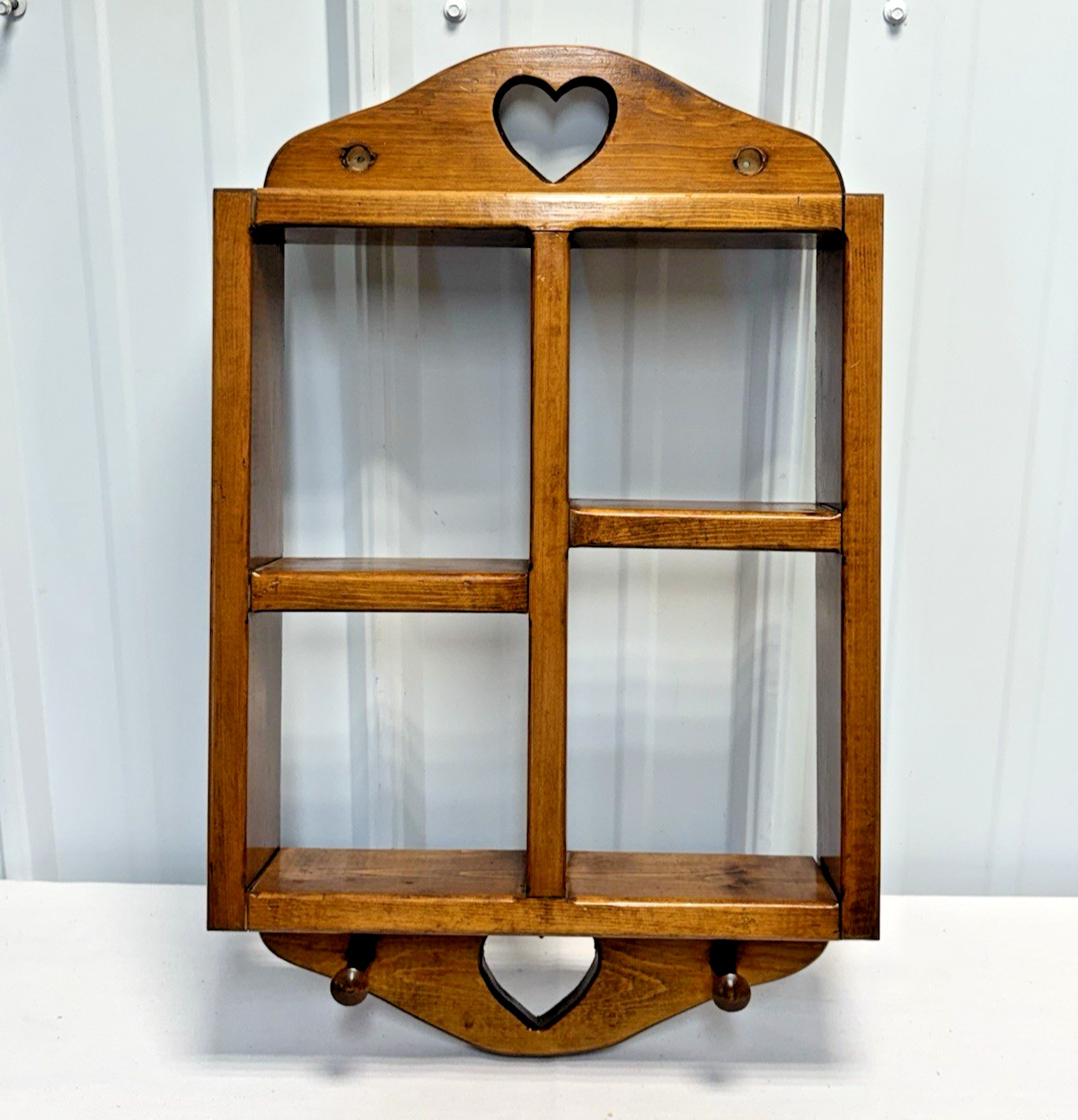 Rustic Wood Wall Display Knick-Knack Shelf w/Heart Cut Outs & 2 Pegs