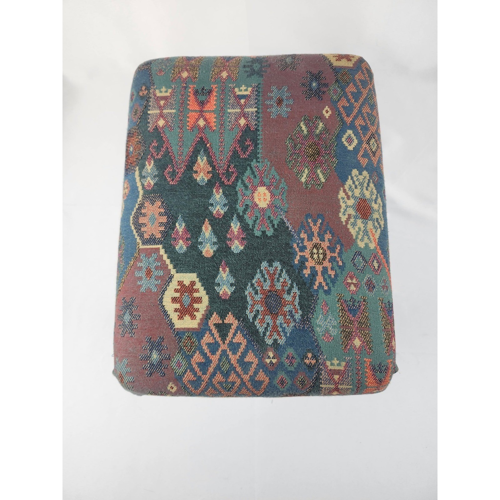Vintage Tapestry Footstool Small Ottoman Wood Spindle Legs Boho Geometric Stool