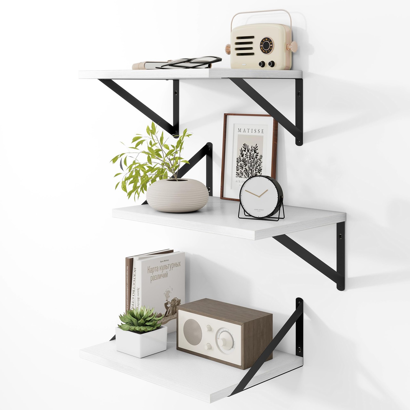 3 PCS Deep Floating Shelves Wide Wood Metal Bracket White 16×12 Inch