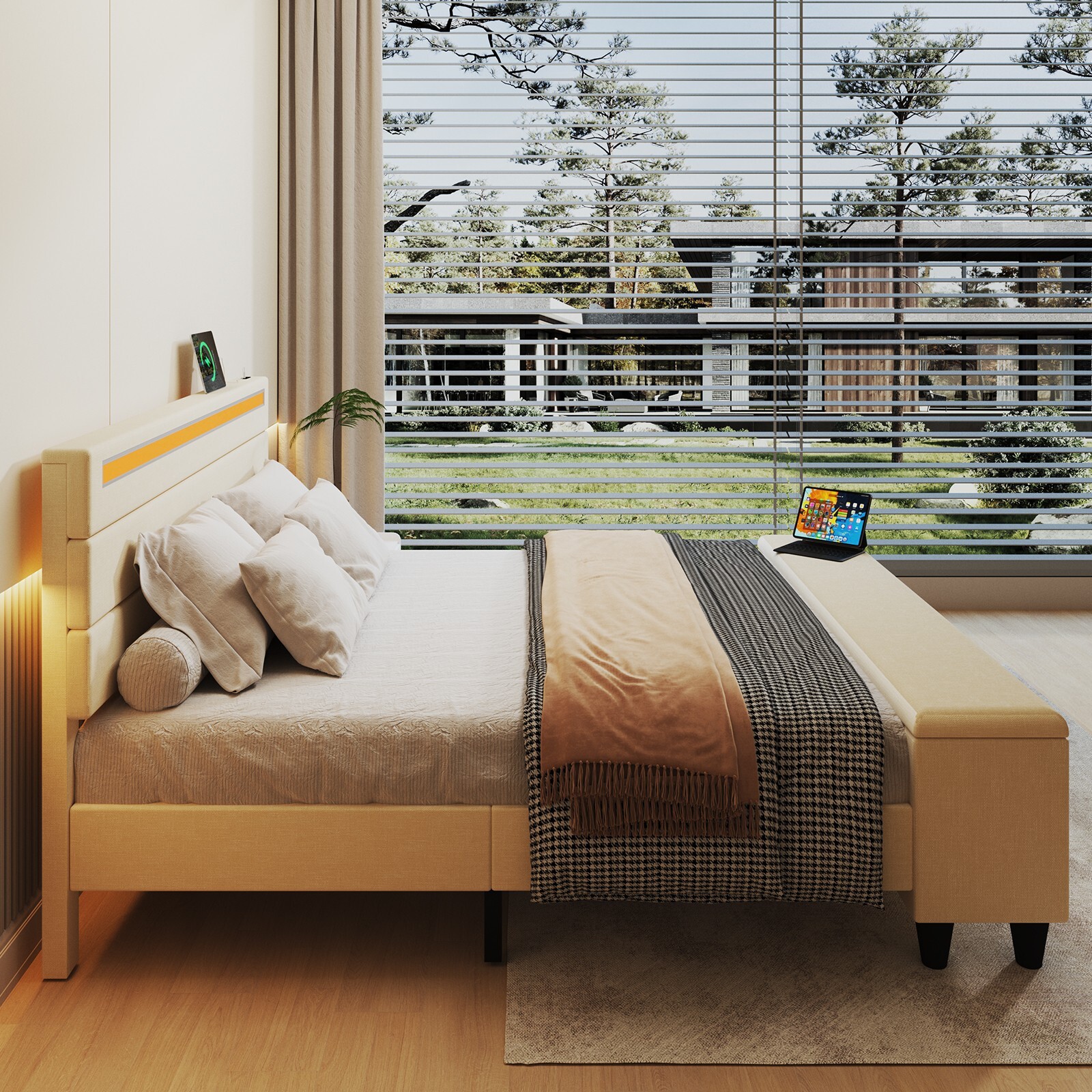 Full/Queen Size Bed Frame with Headboard USB Charging Station and LED Light