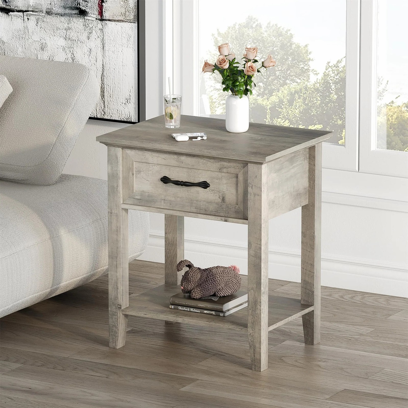 1PC Square Nightstand Bedside Table End Table Storage Drawer Easy Assembly Gray