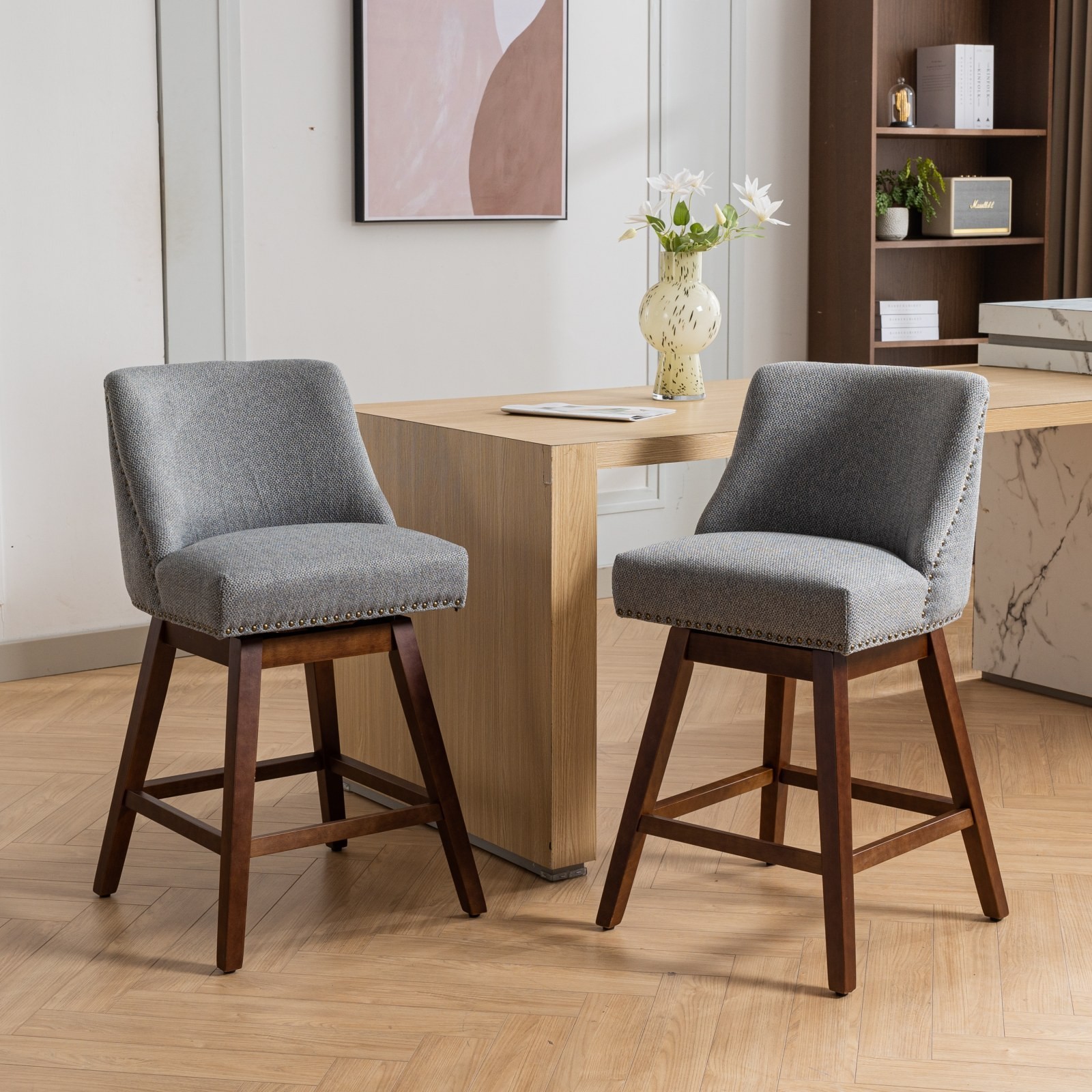 26″ Swivel Counter Height Bar Stools Chair Set of 2 Barstools Upholstered Wood