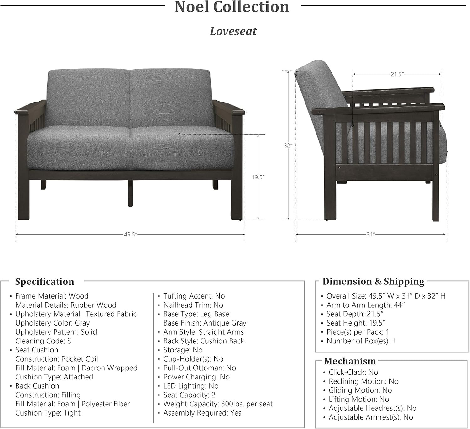 Stylish Gry Fbric Sof Loveset for Modern Living Rooms – Noel 49.5″ W