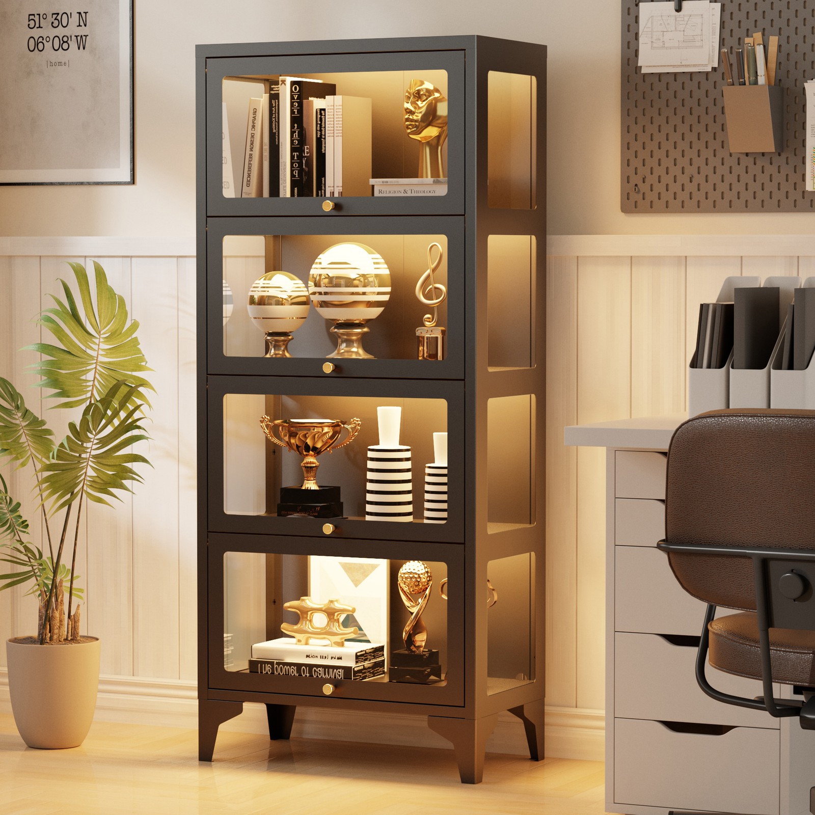3-Sided Tempered Glass Display Cabinet 4 Tier Curio Showcase Adjustable Shelves