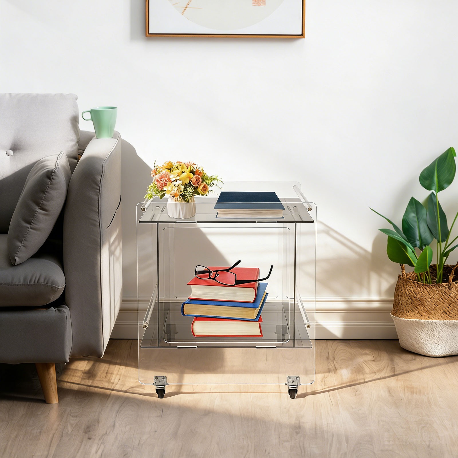 Side Table Acrylic Mobile Table 46x40x55cm Multifunctional End Table with Wheels