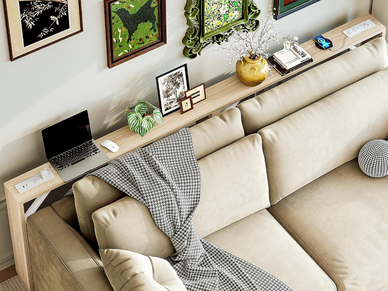 Light Walnut Narrow Console Table Set with Power Outlet, 94” for Living Room